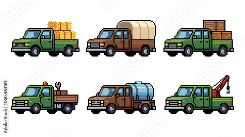 Pixel art collection of various utility pickup trucks, including models for farming, cargo, service, water transport, and towing.