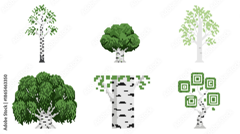 Obraz premium A collection of six stylized illustrations of birch trees, showcasing diverse artistic interpretations from realistic to pixelated.