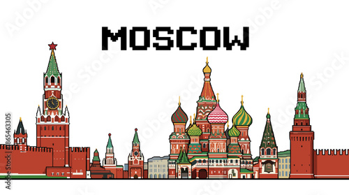 Pixelated skyline illustration of Moscow featuring iconic landmarks like the Kremlin and St. Basil's Cathedral.