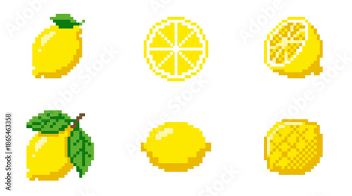 A collection of six pixel art illustrations of lemons in various forms, including whole fruits, slices, and halves.