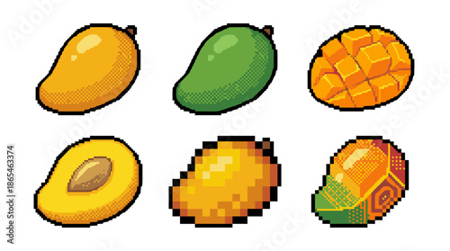 A collection of pixel art mango illustrations showing ripe, unripe, sliced, and stylized fruit designs.