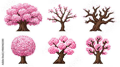 Six pixel art cherry blossom trees in various stages of bloom, showcasing different tree shapes and styles on a white background.