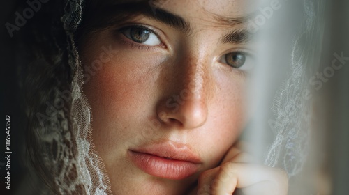 Intimate close-up portrait of a young woman with freckles and soft veil