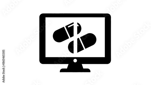 Vector illustration of a monitor screen displaying medicine pills, medical healthcare and online pharmacy concept on transparent background