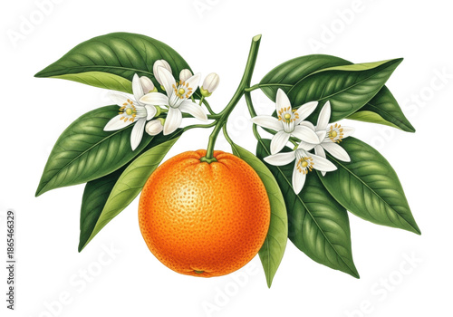 Botanical watercolor and colored pencil illustration of a vibrant orange fruit, green leaves, white blossoms on a branch, isolated on a transparent background with copy space. Concept of scientific