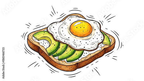 Delicious Avocado Toast with Fried Egg Hand Drawn Illustration.