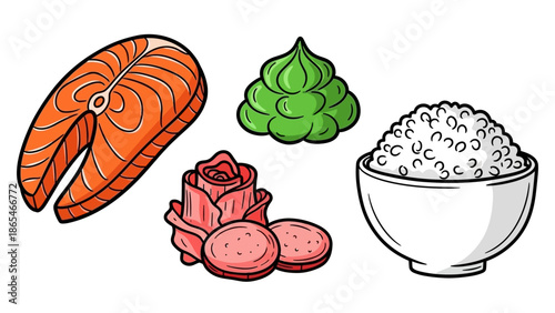 Delicious Sushi Ingredients - Salmon, Wasabi, Pickled Ginger, and Rice Bowl.