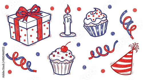 Festive Birthday Celebration Elements with Gift, Cupcakes, Candle, and Party Hat.