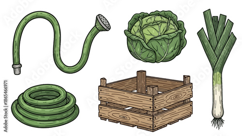 Garden essentials and fresh produce - a vibrant collection of gardening tools and vegetables.