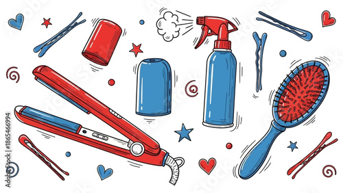 Hair care and styling tools set with flat iron, brush, and spray bottle.