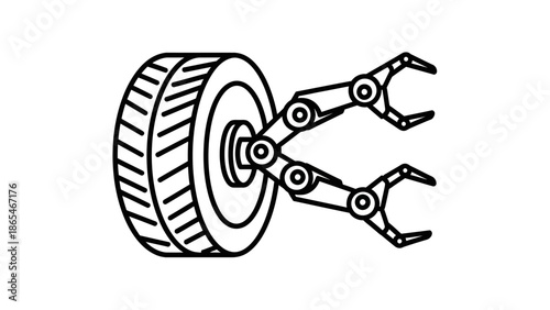 Mechanical robotic arms attached to a tire symbolizing automation in automotive industry.