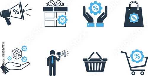 E-commerce Marketing Icon Set Featuring Promotional Megaphones Discount Percentages Shopping Baskets and Retail Sales Growth Technology Symbols for Business Branding