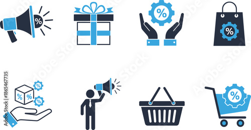 E-commerce Marketing Icon Set Featuring Promotional Megaphones Gift Boxes Discount Percentages Shopping Baskets and Retail Sales Growth Business Technology Symbols