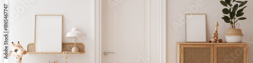 Banner of beautiful kids room with rattan furniture, Scandi-Boho children room interior, gallery frame mockup, 3d render