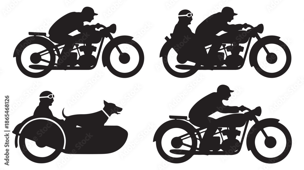 Fototapeta premium Vintage Motorcycle Riders Classic Adventurous Black Silhouette Vector Illustration Set for Transportation and Retro Design.