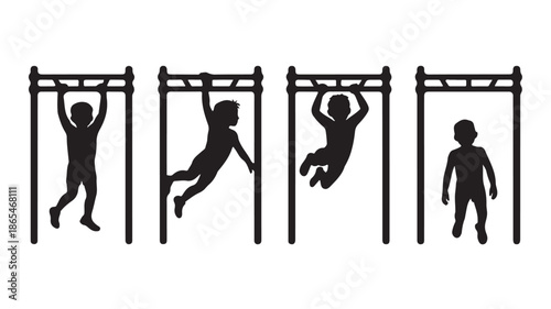 Kids playing on monkey bars active silhouette black and white graphic vector illustration for childhood fitness and playground design.