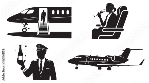 Private Jet Luxury Travel Silhouettes with Passenger, Pilot, and Aircraft Icons Isolated on White