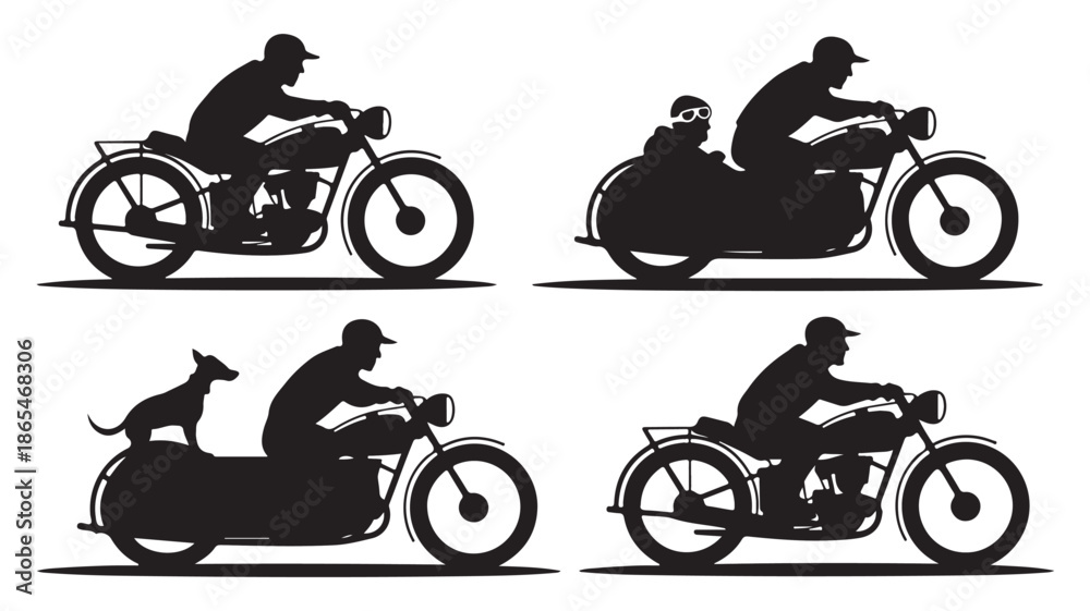 Naklejka premium Motorcycle Rider Silhouettes with Sidecar, Child, and Dog Vector Set Isolated on White