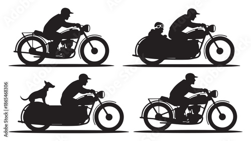 Motorcycle Rider Silhouettes with Sidecar, Child, and Dog Vector Set Isolated on White