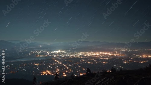 Glowing Cityscape Nighttime View with Star Trails and Mountain Silhouettes Timelapse