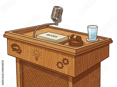 A detailed illustration of a wooden podium with a microphone and various symbolic objects on top, representing a place for public speaking or presentation.