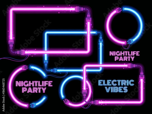 Neon lights forming vibrant borders with nightlife party and electric vibes text in a dark environment