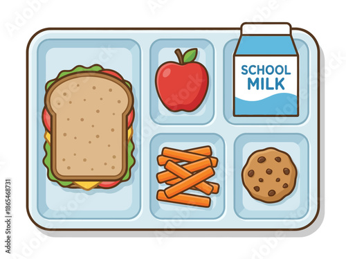 A healthy school meal is served on a tray consisting of a sandwich, apple, carrot sticks, milk, and a cookie.