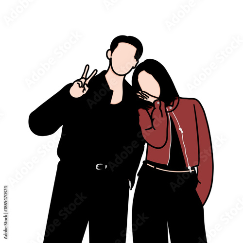 Vector illustration of a happy couple posing for a photo together, holding their cheeks in a two-fingered pose. This illustration was inspired by a scene from a popular Korean drama.