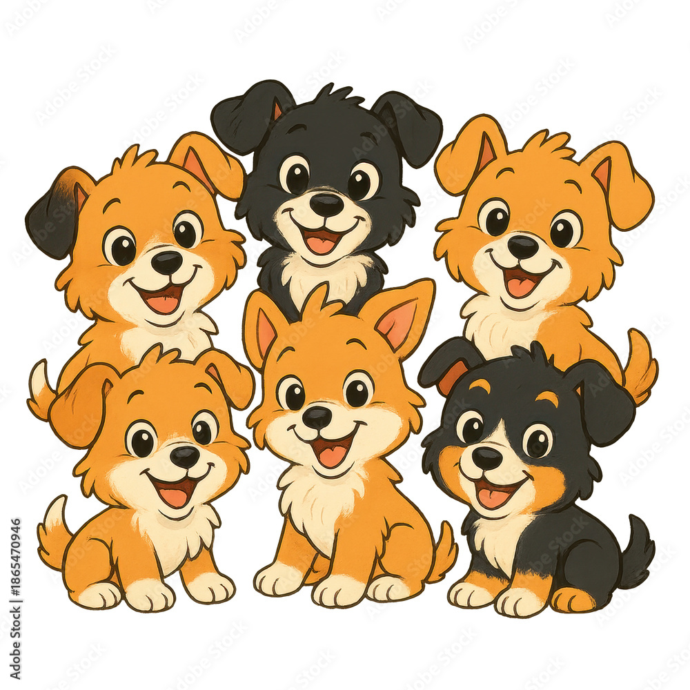 Fototapeta premium Puppy Pals: A charming gathering of playful puppies, each radiating joy and warmth, their adorable expressions and colorful coats inviting smiles and hearts.