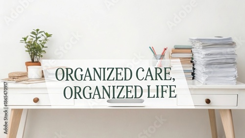 Minimalist White Desk with Organized Text and Stacked Papers