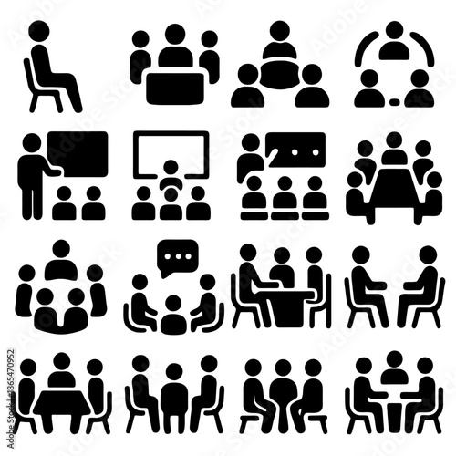 Meetings and Group Dynamics Icon Set: Illustrative collection of various meeting and group dynamics icons, perfect for representing collaboration, presentations, and teamwork. 