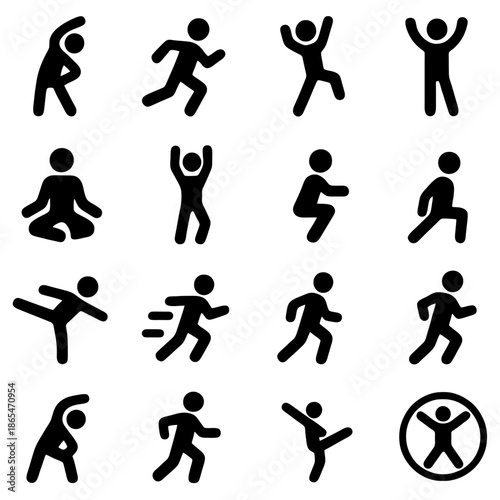 Dynamic Human Icons: A collection of active human figures in dynamic poses. Showing the various motions, from exercising to running, in energetic and lively attitudes.