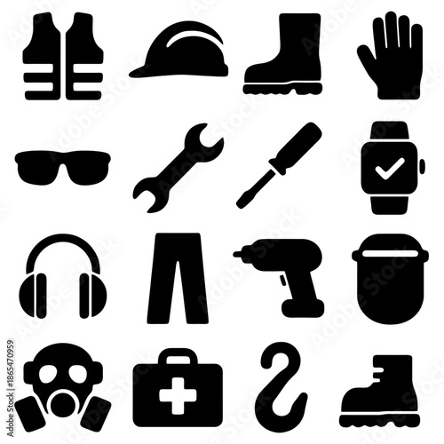 Safety and Protection: A collection of safety equipment and protective gear, symbolizing workplace safety, including safety vest, helmet, work boots, gloves and other tools.
