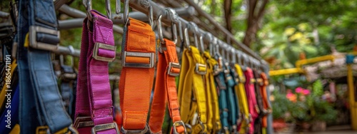 Brightly colored harnesses hang on a rack in a recreational area during daylight, ready for use in outdoor activities with friends