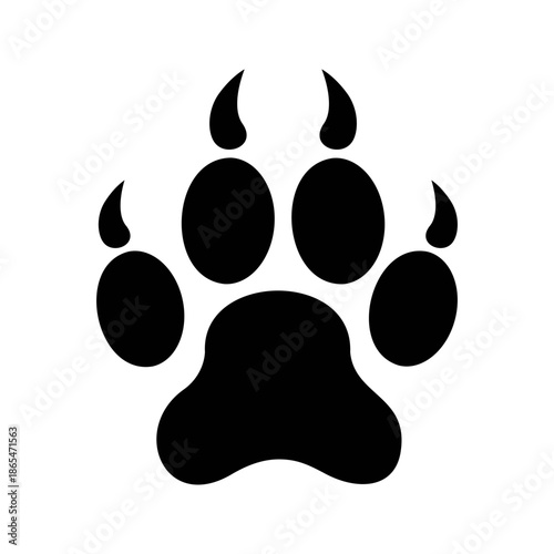 Pawprint with claws of cat or dor, lion or panther isolated on white background. Wet or muddy wild animal footprint on snow or ground. Mammal step silhouette. Vector graphic illustration.