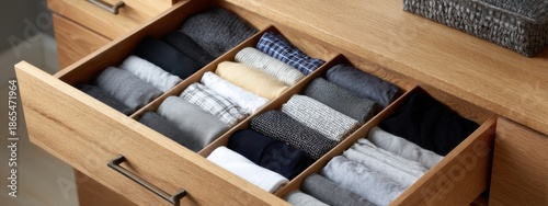 Organized drawer with neatly folded clothes in a light wooden dresser at home