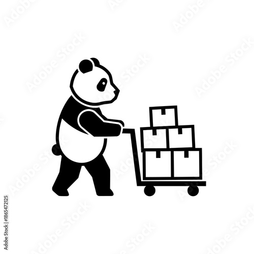 Vector icons Panda pushing a hand truck with boxes black and white illustration. EPS Editable