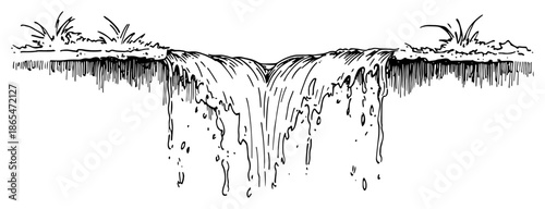 Scenic waterfall cascading down a cliff edge in black and white sketch style