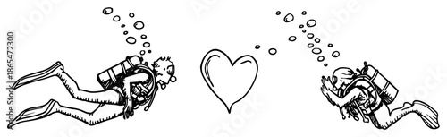 Two scuba divers swimming underwater with bubbles forming a heart shape