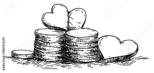 Stack of coins with hearts representing charity and financial growth in sketch style