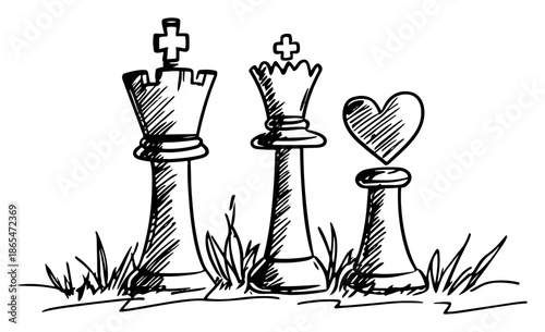 Chess pieces including king and rook with a heart shaped pawn sketch