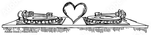Two dj turntables with a heart in the center sketch