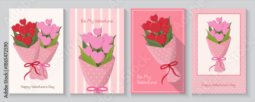 Happy Valentine's Day banner for social media posts, poster, templates with modern love flower style. Cute Flower Bouquet hearts background, lovely romantic design, great for Valentine's Day, Mother's