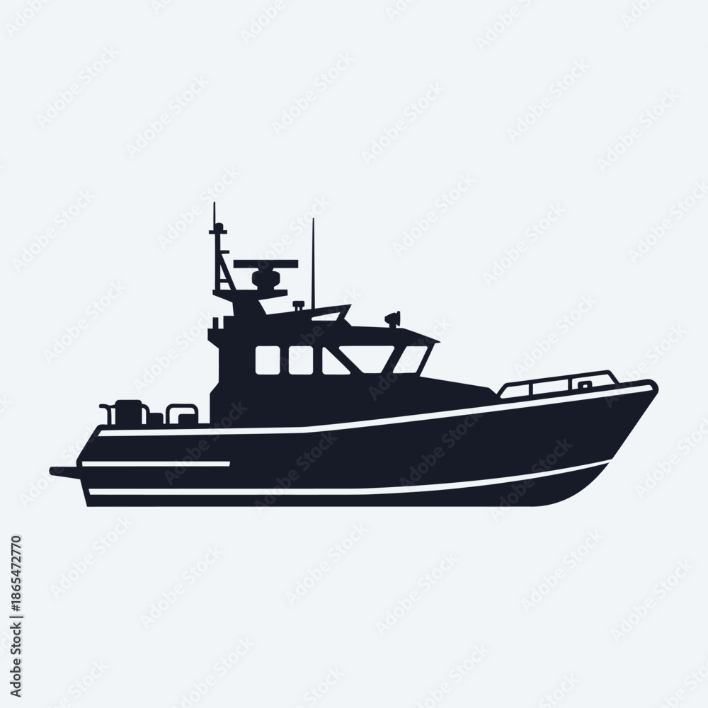 Obraz premium Vector icons Silhouette of a Modern Patrol Boat on a White Background. EPS Editable