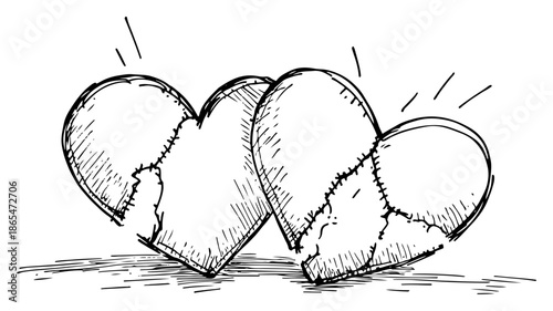 Two textured hearts showing a broken one and a stitched one