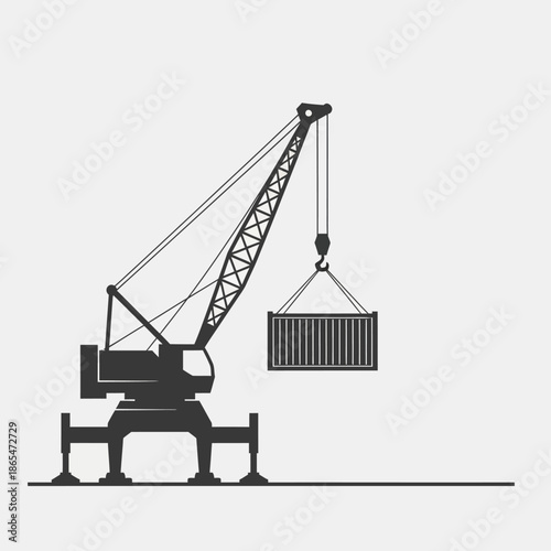 Vector icons Silhouette of a large industrial crane lifting a shipping container. EPS Editable