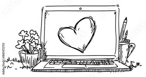 Open laptop with a heart on the screen near office supplies