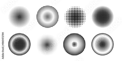 Set of round frames and concentric circles with polka dot texture. Circular shapes with noise, mosaic or grain comic cartoon visual effect isolated on white background. Vector graphic illustration.