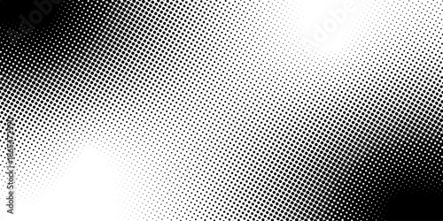 Black and white background with halftone effect. Pattern with faded structure. Wallpaper with noise, pixel or bitmap texture. Duotone gritty print. Comic page template. Vector graphic illustration.