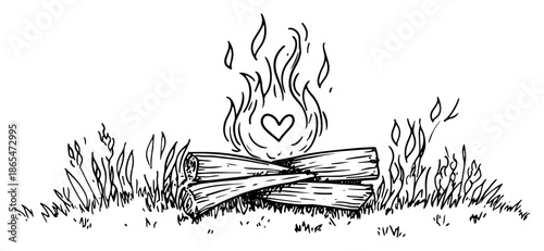 Campfire with logs and a heart shaped flame in grass